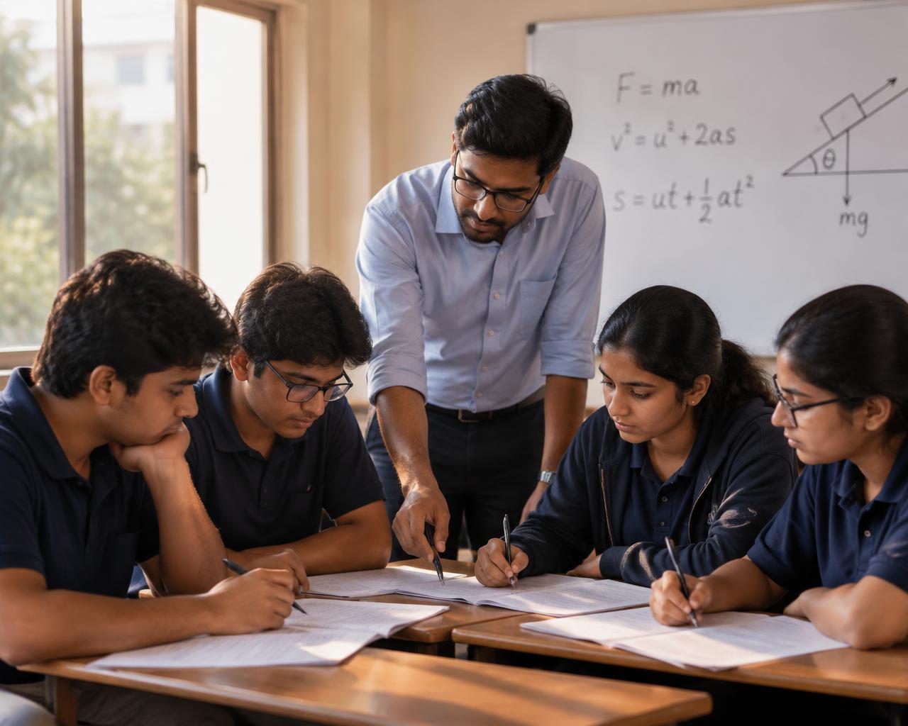 A teacher guiding students working on printed test papers in a classroom